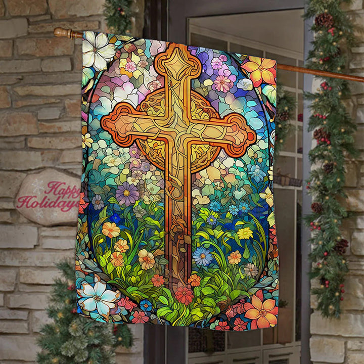 Christianartworkshop Floral – Gartenflagge mit umkreistem, gebeiztem Kreuz: Glaubensdekor für den Hof - 90×150cm (3×5 Fuß) - image 0