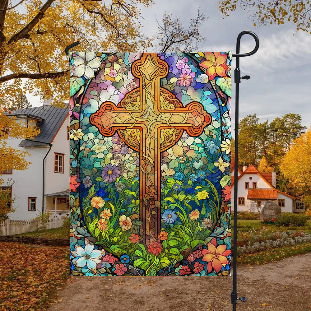 Christianartworkshop Floral – Gartenflagge mit umkreistem, gebeiztem Kreuz: Glaubensdekor für den Hof - image 4