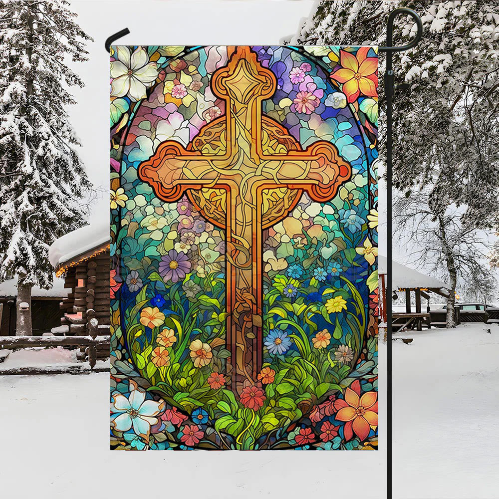Christianartworkshop Floral – Gartenflagge mit umkreistem, gebeiztem Kreuz: Glaubensdekor für den Hof - image 3