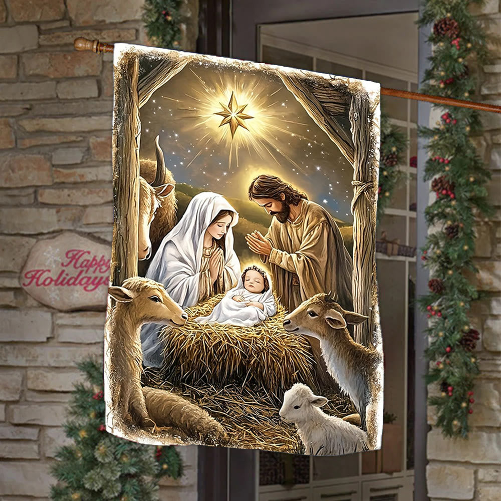 Christianartworkshop Warme Weihnachtsflagge für den Garten: Heilige Familie, Tiere und Stern von Bethlehem - 90×150cm (3×5 Fuß) - image 0