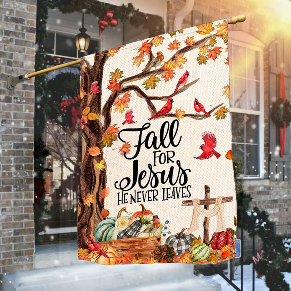 Christianartworkshop Fall for Jesus Herbst-Gartenflagge mit roten Kardinälen und Kürbissen - image 1