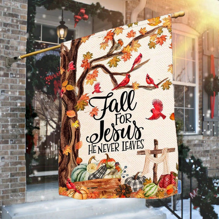 Christianartworkshop Fall for Jesus Herbst-Gartenflagge mit roten Kardinälen und Kürbissen - image 1