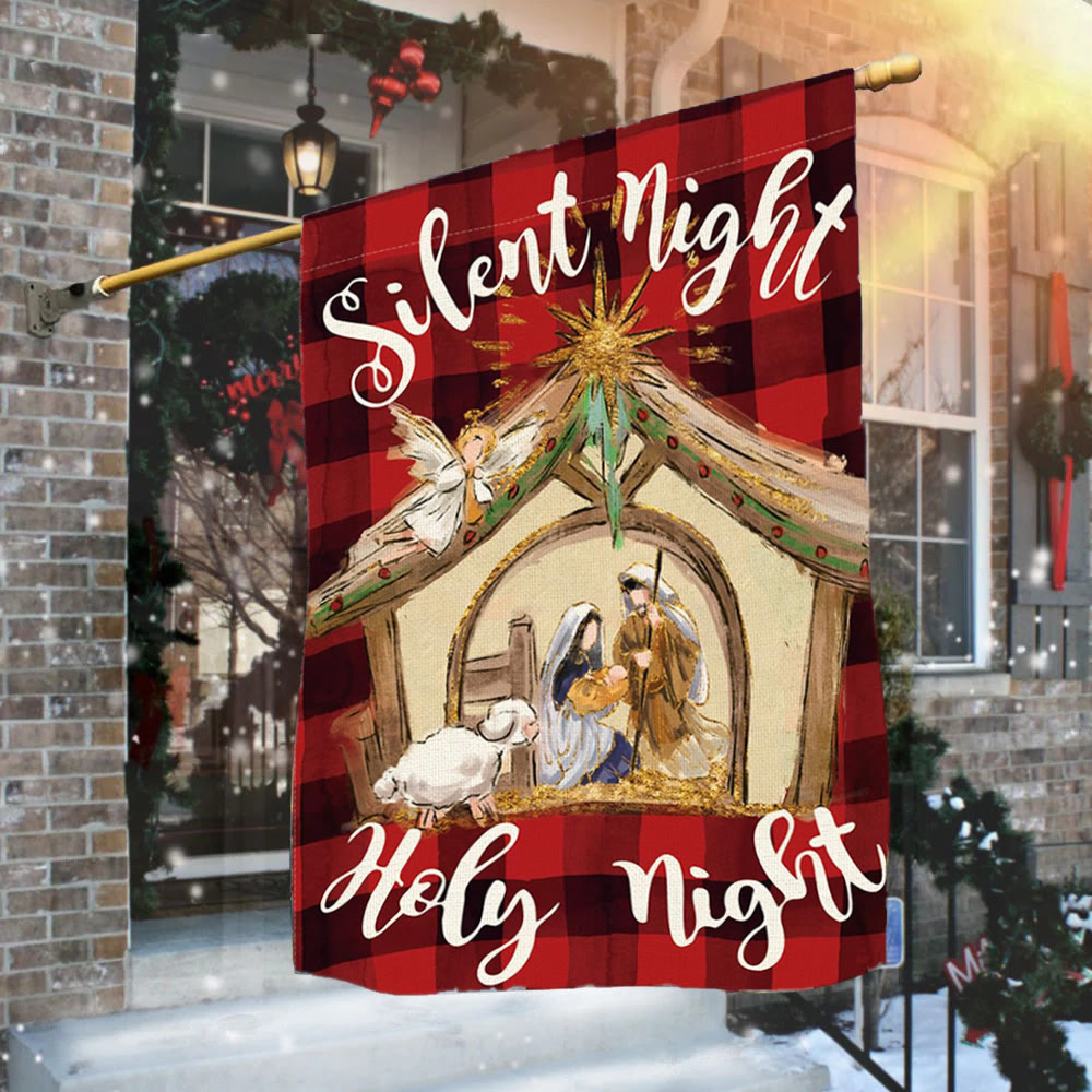 Christianartworkshop Faith – Gefüllte Stille Nacht Gartenflagge: Buffalo Plaid & Krippe - image 1