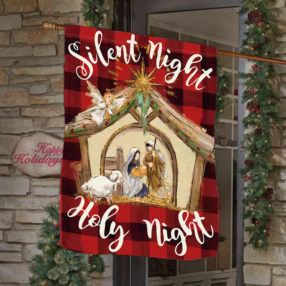 Christianartworkshop Faith – Gefüllte Stille Nacht Gartenflagge: Buffalo Plaid & Krippe - 90×150cm (3×5 Fuß) - image 0