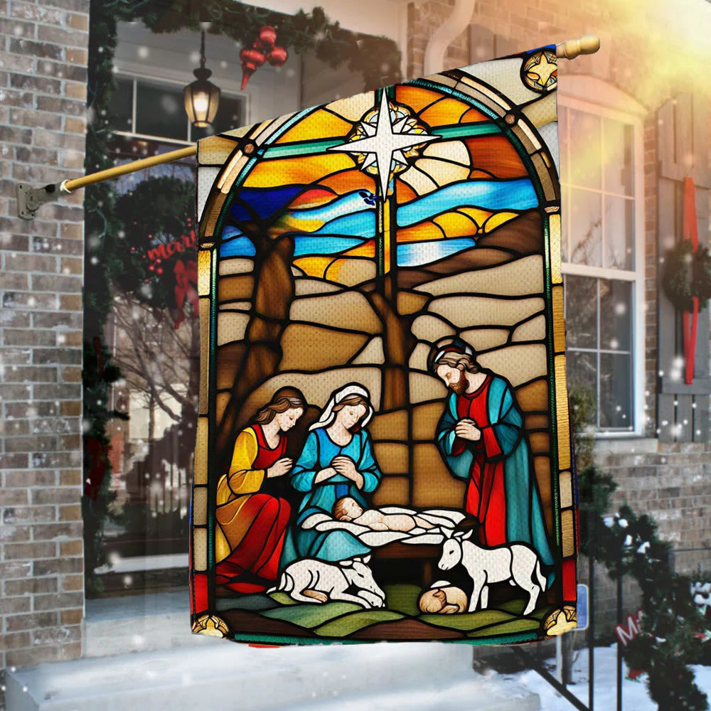 Christianartworkshop Gartenflagge mit der Heiligen Familie und der Geburt Christi: gebeizt – Weihnachtsdekoration im Stil - 90×150cm (3×5 Fuß) - image 0