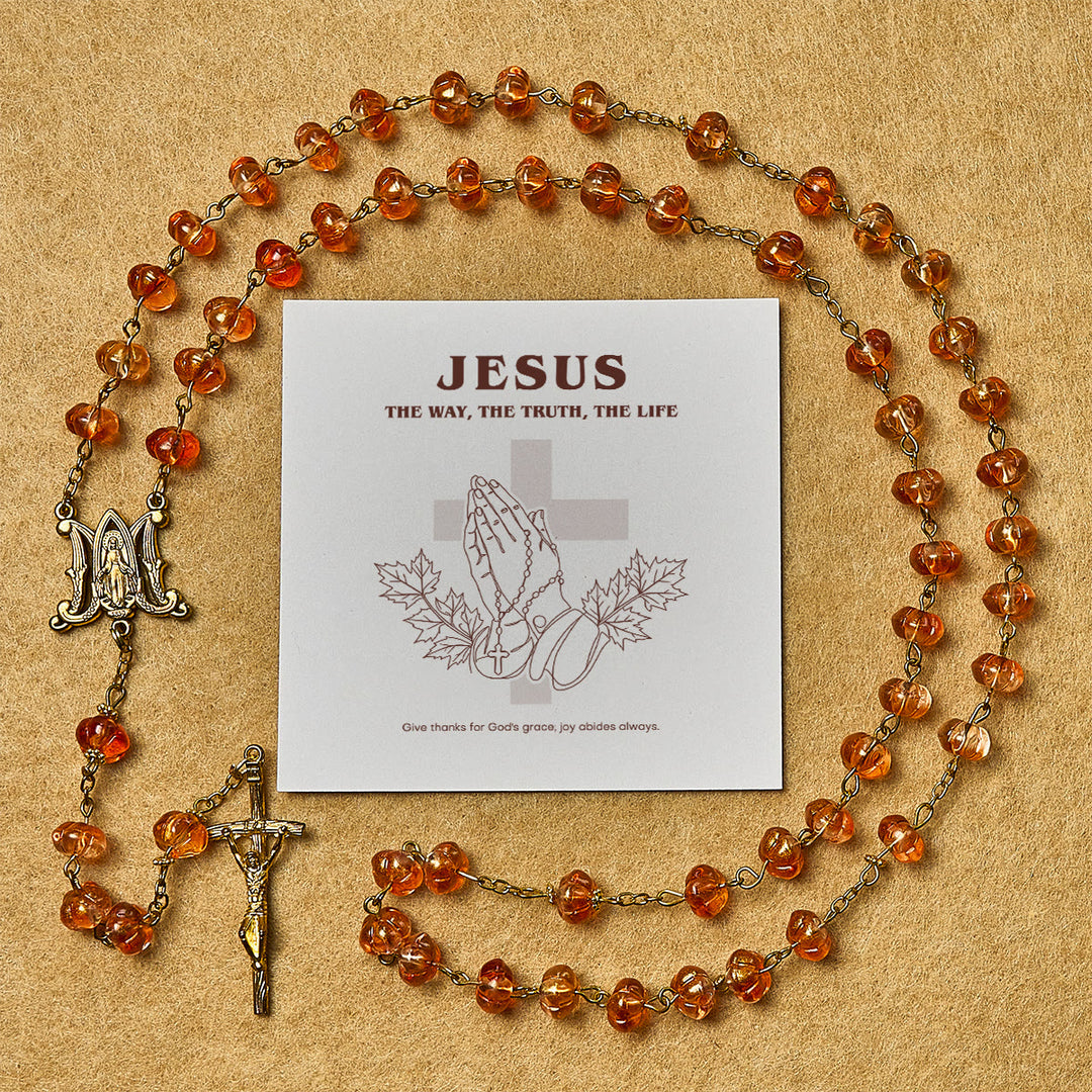 Christianartworkshop Erntedankfest: Rosenkranz aus heiligen Kürbisperlen mit Wundertätiger Medaille und Kreuz - Erntedankfest - image 0