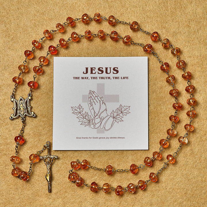 Christianartworkshop Erntedankfest: Rosenkranz aus heiligen Kürbisperlen mit Wundertätiger Medaille und Kreuz - Erntedankfest - image 0