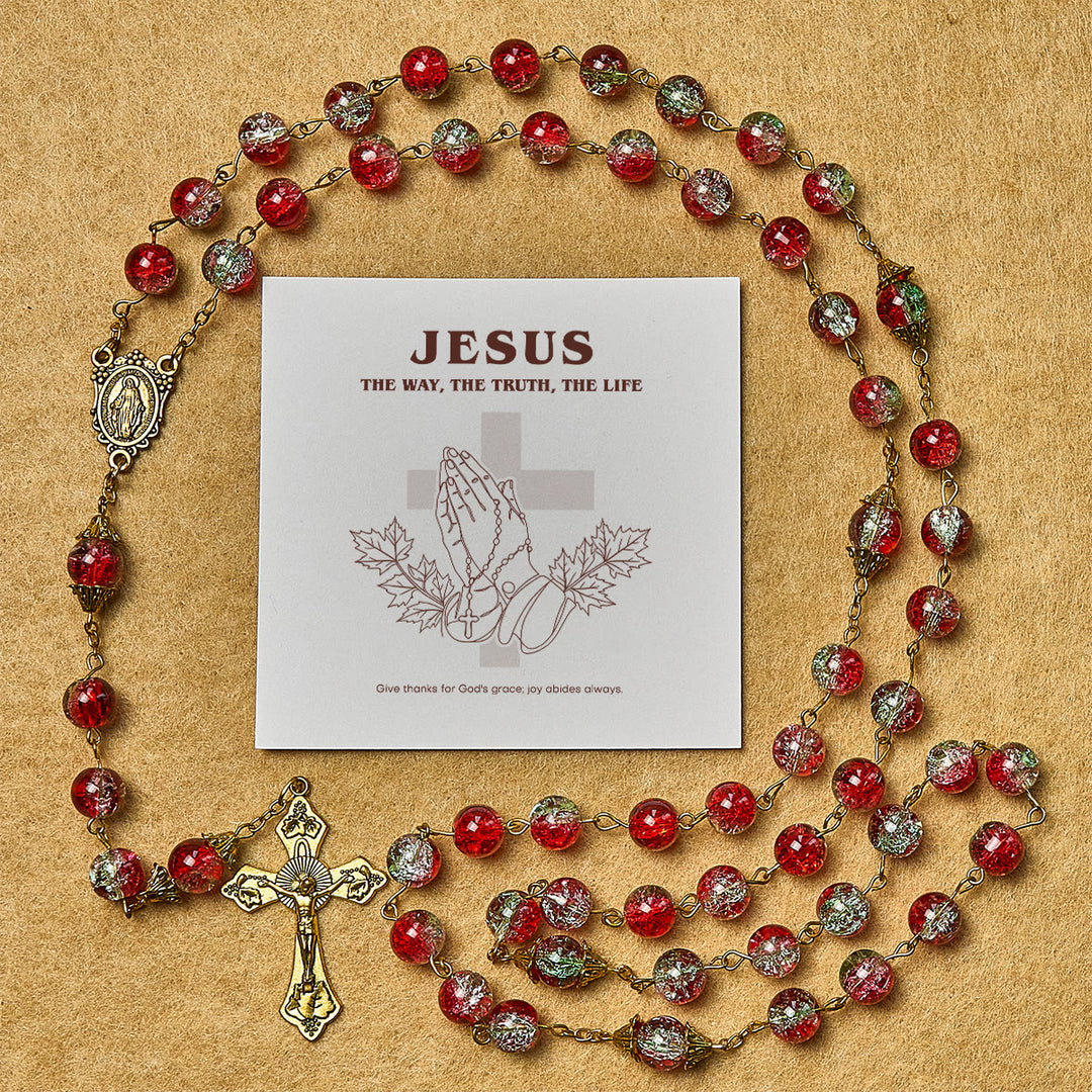 Christianartworkshop Thanksgiving Day: Weihnachts-Rosenkranz aus roten Perlen mit goldenem Kruzifix und Madonna-Medaille - Erntedankfest - image 0