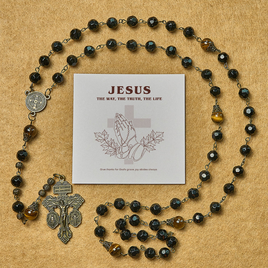 Christianartworkshop Erntedankfest: Vintage-Rosenkranz aus Obsidian-Tigerauge-Perlen mit Pardon-Kruzifix und St. Benedikt - Erntedankfest - image 0