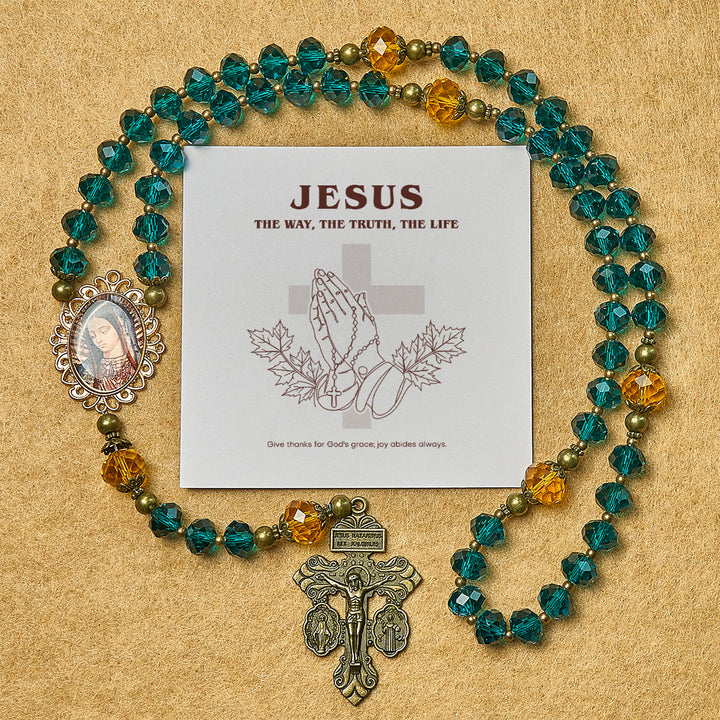 Christianartworkshop Erntedankfest: Strahlend blauer und bernsteinfarbener Rosenkranz mit Unserer Lieben Frau-Medaille und antikem Pardon-Kruzifix - Erntedankfest - image 0