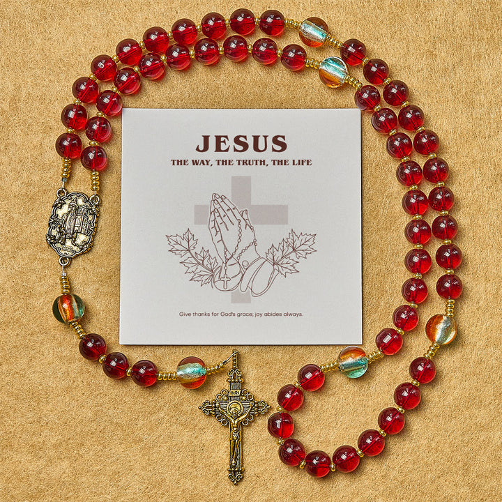 Christianartworkshop Erntedankfest: Rosenkranz Unserer Lieben Frau von Fatima mit weinroten und leuchtenden Regenbogenperlen der Gnade - Erntedankfest - image 0