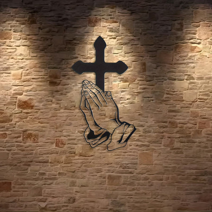Christianartworkshop Klassische betende Hände & Kreuz Wanddekoration aus schwarzem Metall - image 2