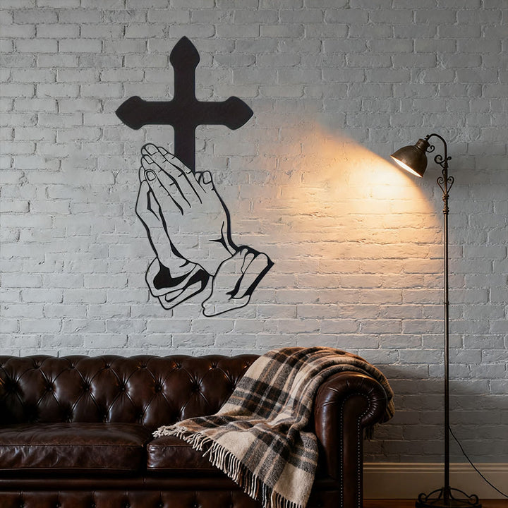 Christianartworkshop Klassische betende Hände & Kreuz Wanddekoration aus schwarzem Metall - image 3
