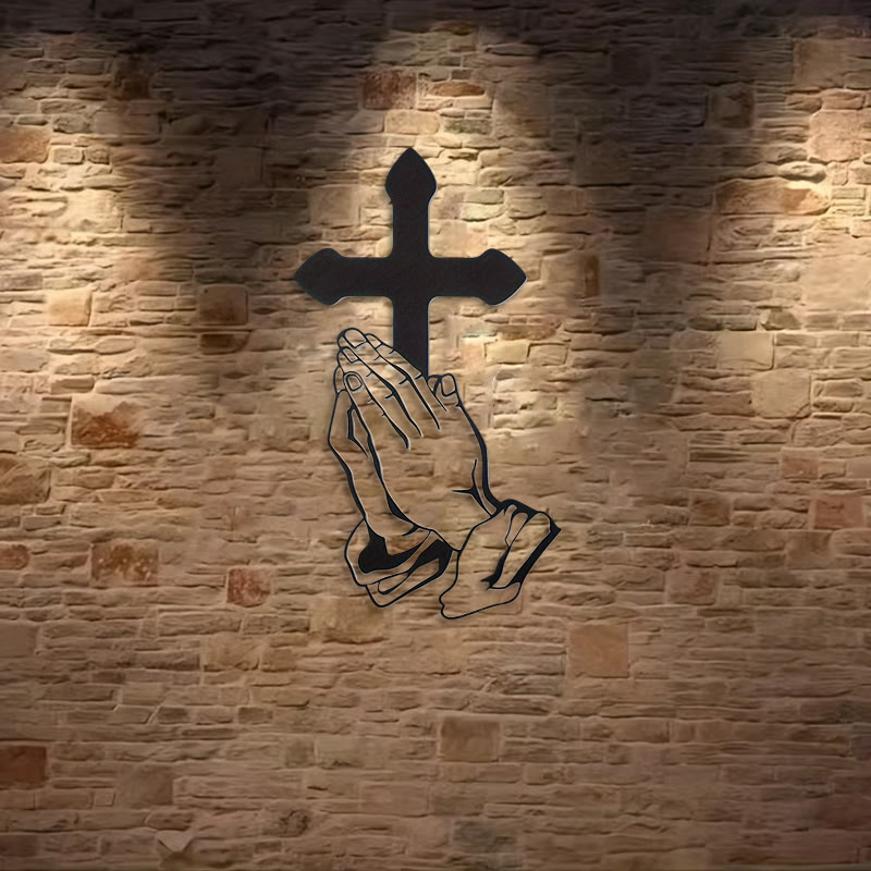 Christianartworkshop Klassische betende Hände & Kreuz Wanddekoration aus schwarzem Metall - image 2