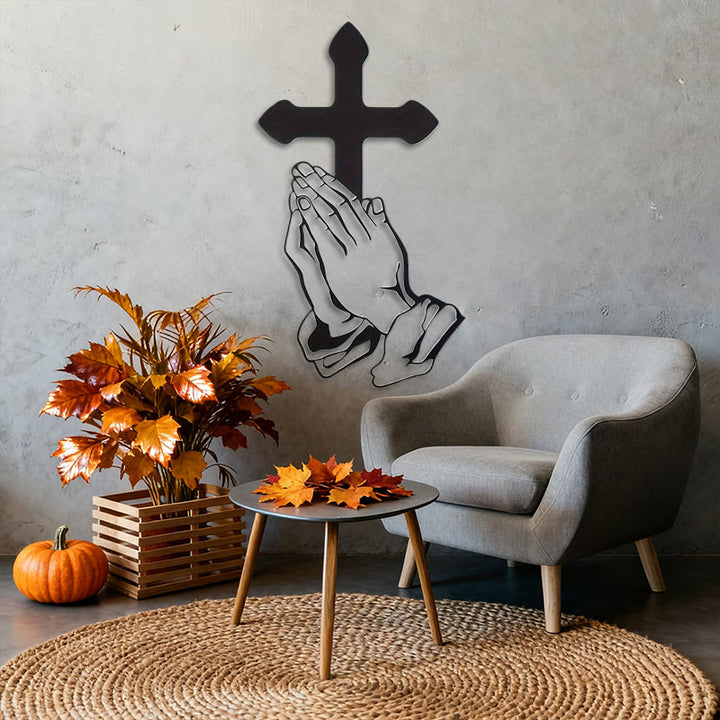 Christianartworkshop Klassische betende Hände & Kreuz Wanddekoration aus schwarzem Metall - image 4