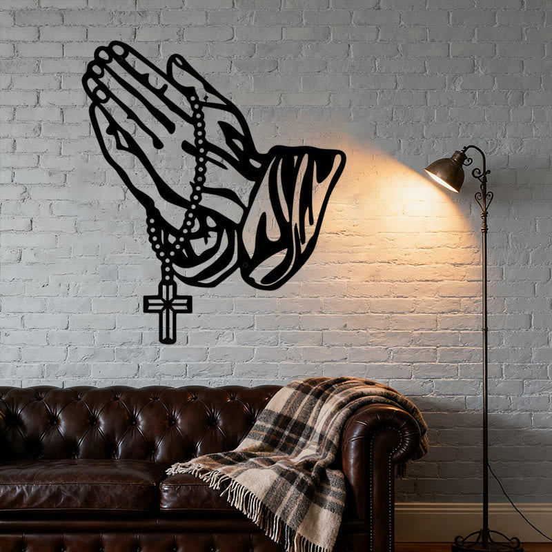 Christianartworkshop Klassische betende Hände mit Rosenkranzkreuz, Wanddekoration aus schwarzem Metall - image 4