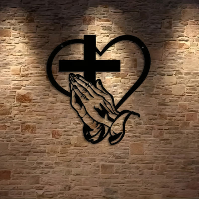 Christianartworkshop Moderne spirituelle Wanddekoration mit betenden Händen, Herz und Kreuz, Metall, Schwarz - image 2