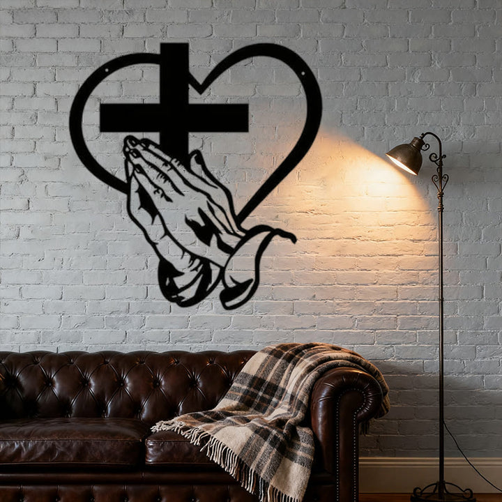 Christianartworkshop Moderne spirituelle Wanddekoration mit betenden Händen, Herz und Kreuz, Metall, Schwarz - image 4