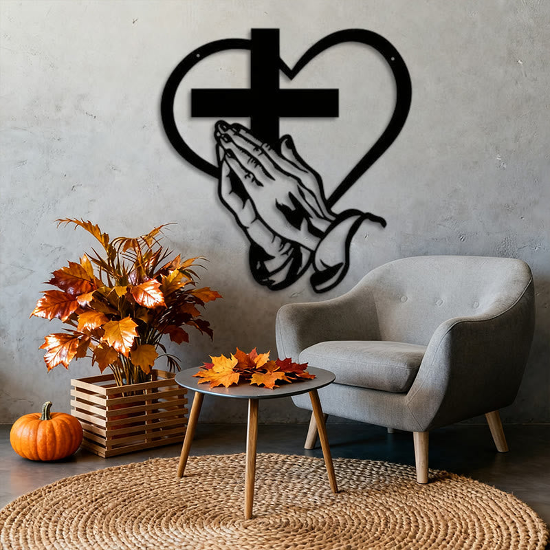 Christianartworkshop Moderne spirituelle Wanddekoration mit betenden Händen, Herz und Kreuz, Metall, Schwarz - image 3