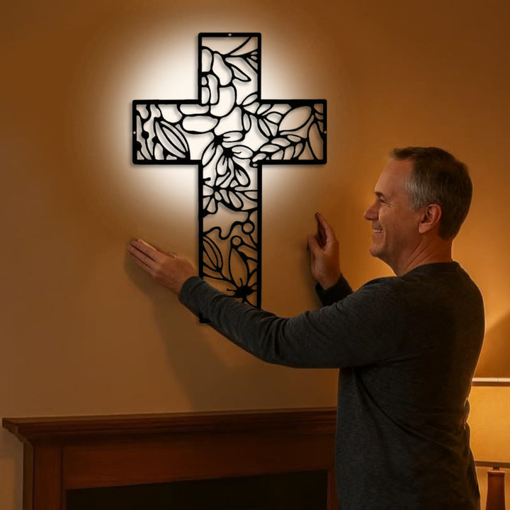 Christianartworkshop Zeitgenössisches Blumenkreuz aus schwarzem Metall als Wanddekoration - image 1