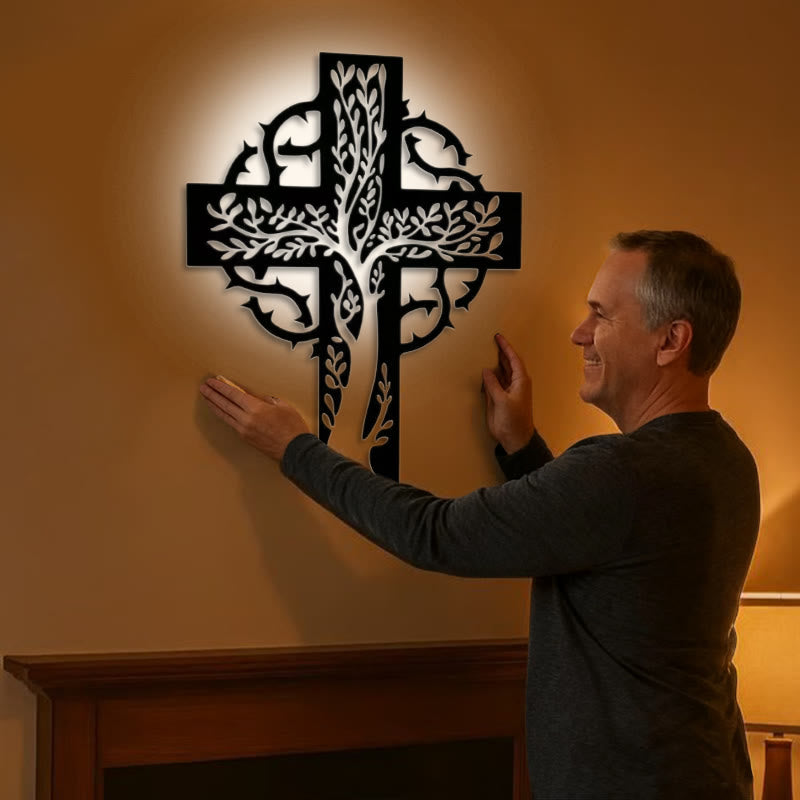 Christianartworkshop Rustikales Kreuz mit Lebensbaum, schwarzes Metall, Wanddekoration - image 1