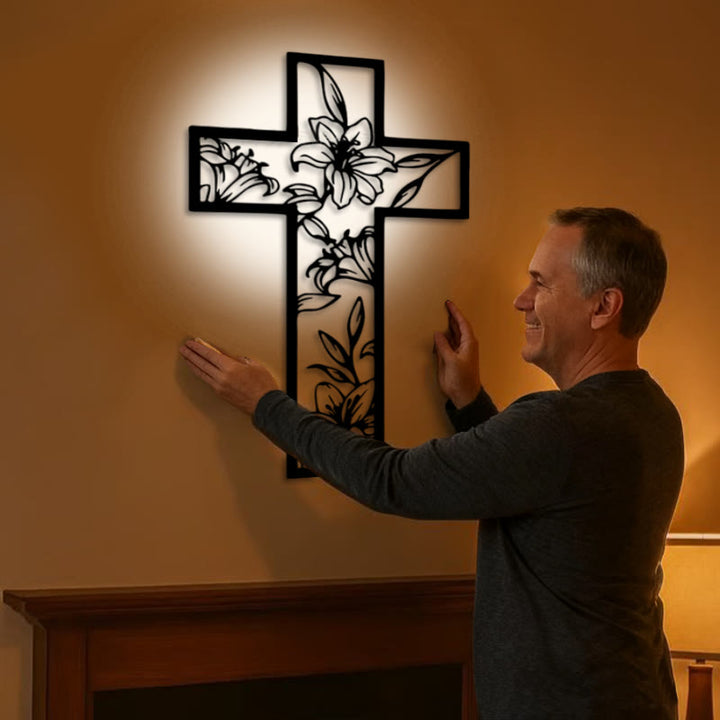 Christianartworkshop Klassisches Lilien-Blumenkreuz, schwarzes Metall, Wanddekoration - image 1