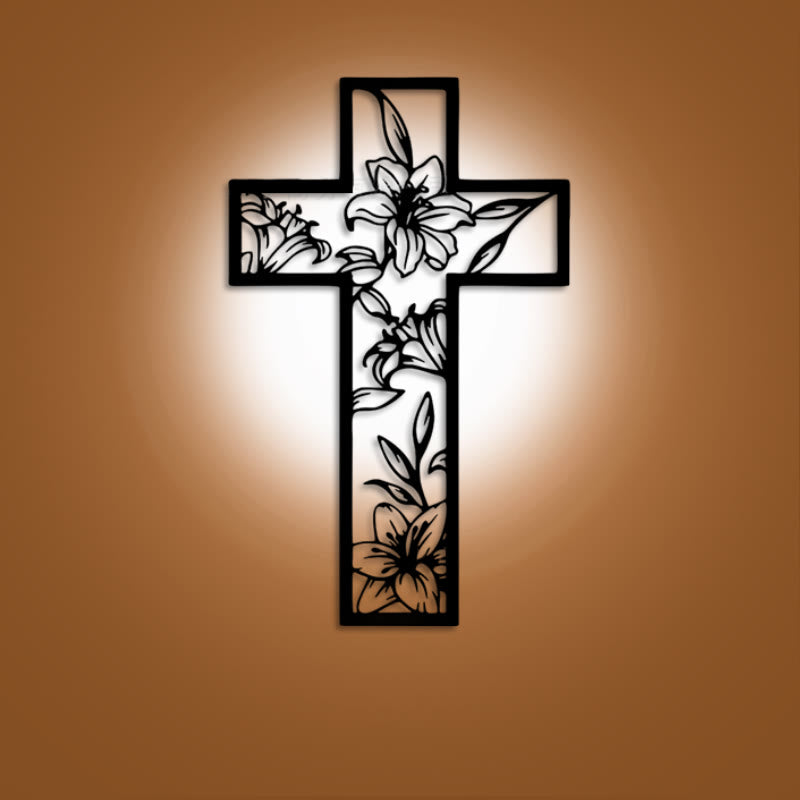 Christianartworkshop Klassisches Lilien-Blumenkreuz, schwarzes Metall, Wanddekoration - Schwarz - 9,76''*15,75''/24,8*40cm - image 0