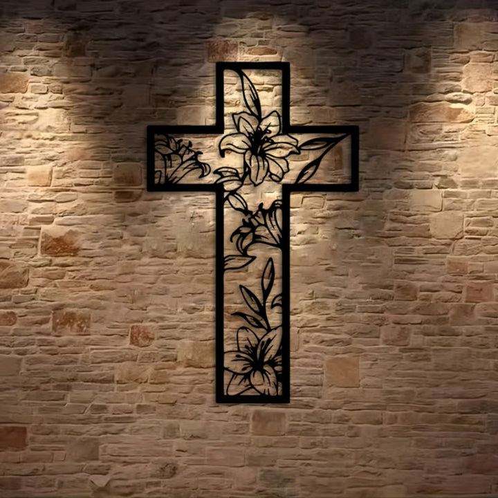 Christianartworkshop Klassisches Lilien-Blumenkreuz, schwarze Metall-Wanddekoration - image 2