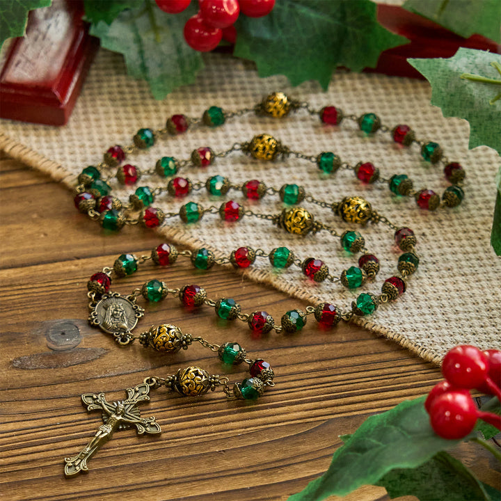 Christianartworkshop Joy of Christmas Rosenkranz mit festlichen Perlen in Rot und Grün mit der Jungfrau Maria - image 2