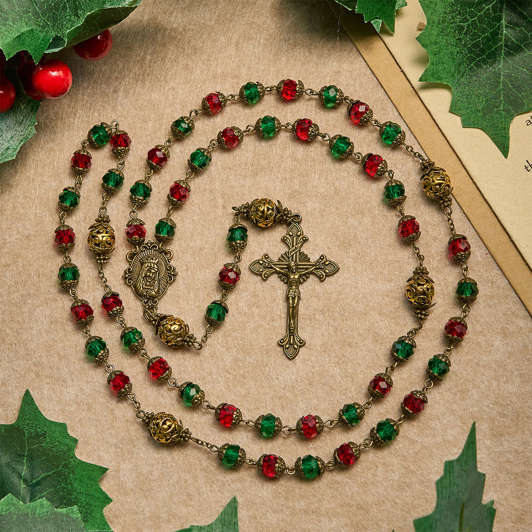 Christianartworkshop Joy of Christmas Rosenkranz mit festlichen Perlen in Rot und Grün mit der Jungfrau Maria - Weihnachtsrosenkranz - image 0