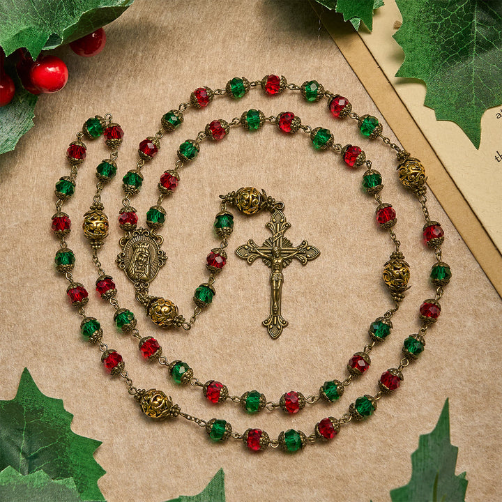 Christianartworkshop Joy of Christmas Rosenkranz mit festlichen Perlen in Rot und Grün mit der Jungfrau Maria - Weihnachtsrosenkranz - image 0