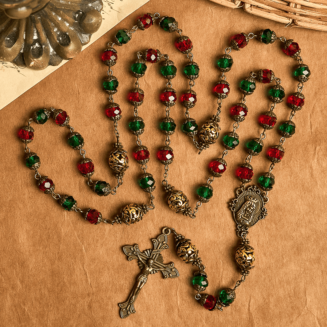 Christianartworkshop Joy of Christmas Rosenkranz mit festlichen Perlen in Rot und Grün mit der Jungfrau Maria - image 4