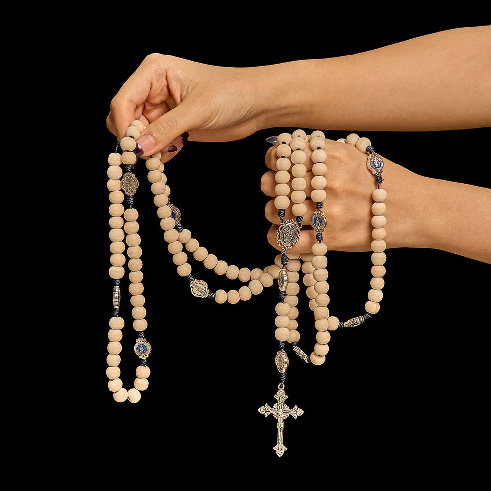 Christianartworkshop Traditioneller Gebetsrosenkranz aus Elfenbeinperlen mit 15 Dekaden und Wundertätiger Medaille - image 1