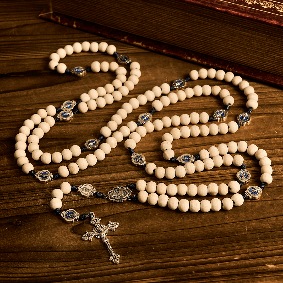 Christianartworkshop Traditioneller Gebetsrosenkranz aus Elfenbeinperlen mit 15 Dekaden und Wundertätiger Medaille - 15 Dekaden Rosenkranz - image 0