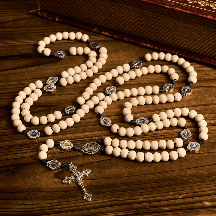 Christianartworkshop Traditioneller Gebetsrosenkranz aus Elfenbeinperlen mit 15 Dekaden und Wundertätiger Medaille - 15 Dekaden Rosenkranz - image 0
