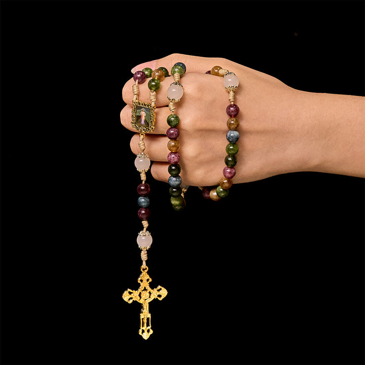 Christianartworkshop Rosenkranz aus bunten Turmalinperlen mit quadratischer Göttlicher Barmherzigkeit und goldenem Kruzifix - image 3