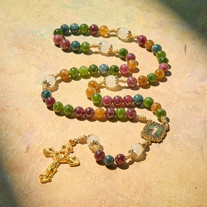 Christianartworkshop Rosenkranz aus bunten Turmalinperlen mit quadratischer Göttlicher Barmherzigkeit und goldenem Kruzifix - image 2