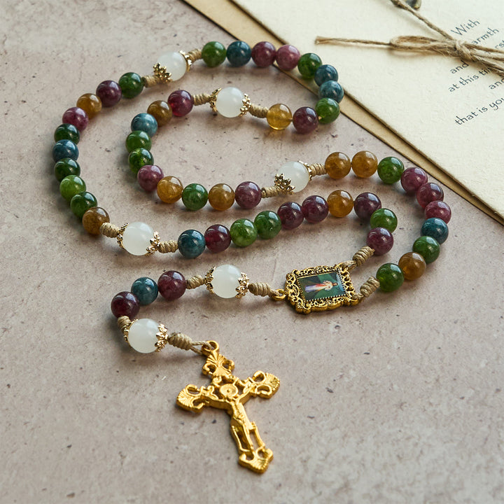 Christianartworkshop Rosenkranz aus bunten Turmalinperlen mit quadratischer Göttlicher Barmherzigkeit und goldenem Kruzifix - image 12