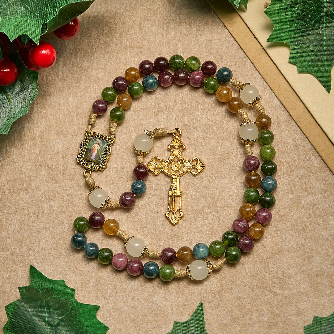Christianartworkshop Rosenkranz aus bunten Turmalinperlen mit quadratischer Göttlicher Barmherzigkeit und goldenem Kruzifix - Göttliche Barmherzigkeit - image 0