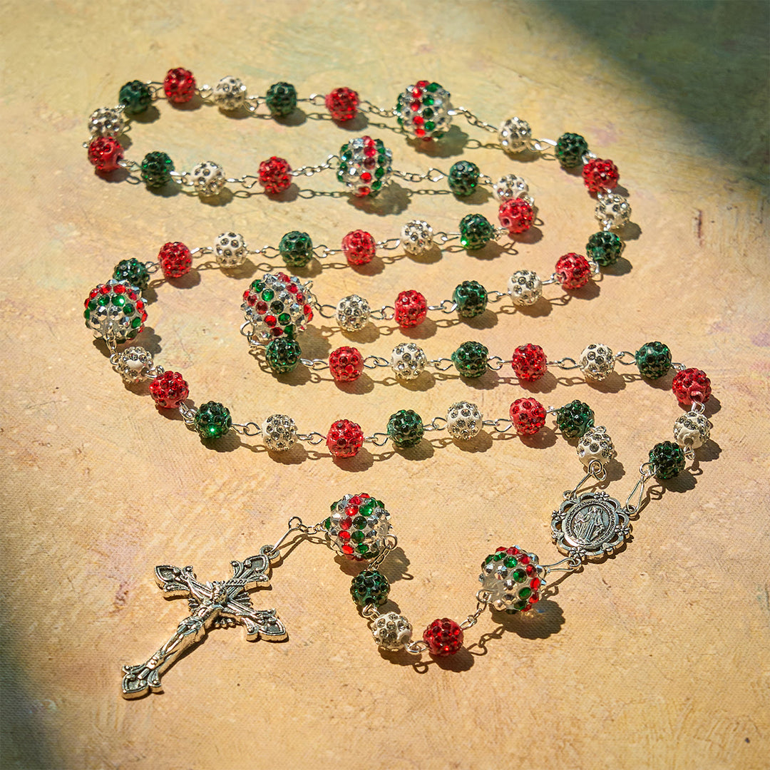 Christianartworkshop Kristallbesetzte dreifarbige Perlen und Wundertätige Medaille, glamouröser funkelnder Rosenkranz - image 2