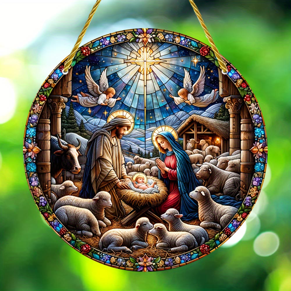 Christianartworkshop Zeitgenössische farbige Weihnachtskrippe mit Schafen, gebeizte Hängeornamente - image 5