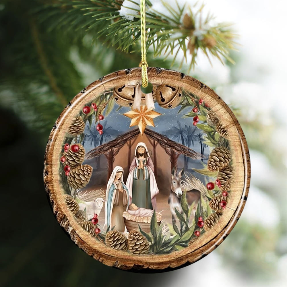 Christianartworkshop Weihnachtskrippe im rustikalen Stil mit Glocken und hängenden Sternenornamenten - Keramik - image 0