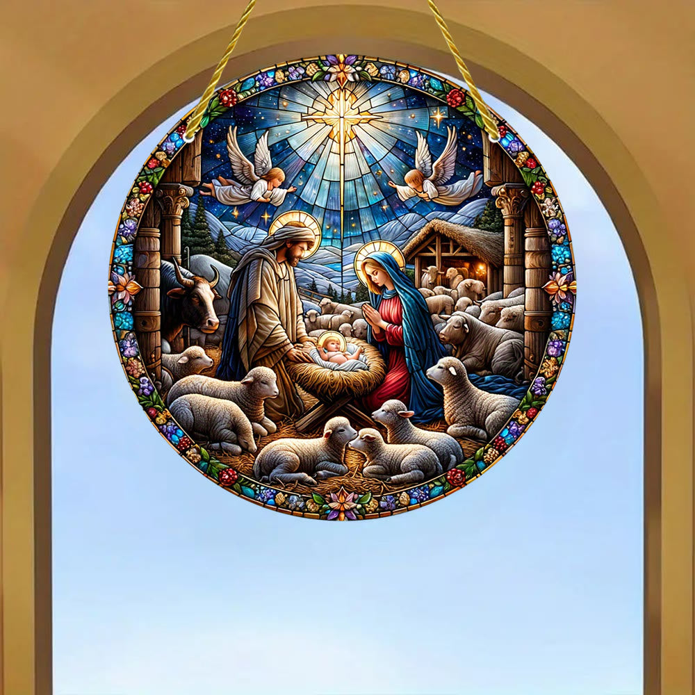 Christianartworkshop Zeitgenössische farbige Weihnachtskrippe mit Schafen, gebeizte Hängeornamente - image 2