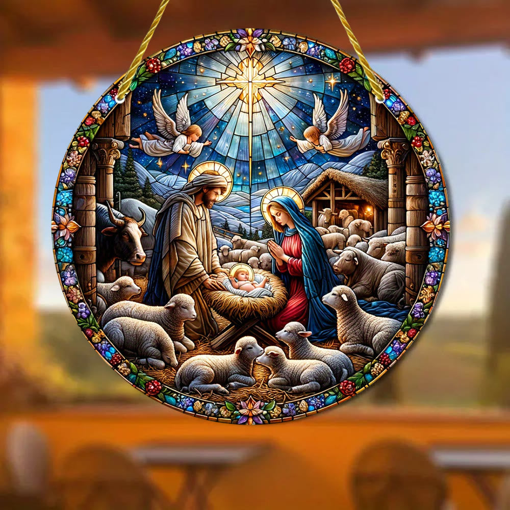 Christianartworkshop Zeitgenössische farbige Weihnachtskrippe mit Schafen, gebeizte Hängeornamente - image 4