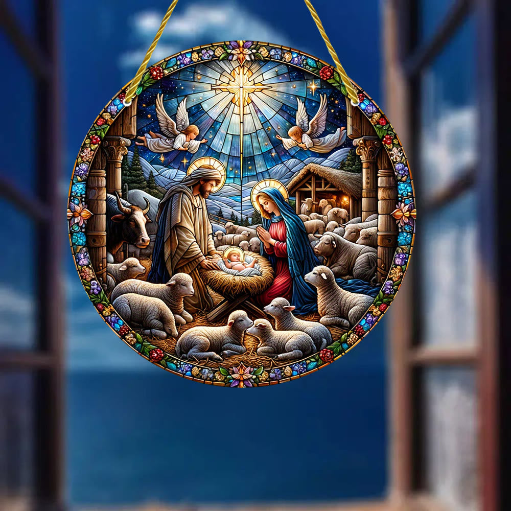 Christianartworkshop Zeitgenössische farbige Krippenszene mit Schafen, bemalte Hängeornamente - image 1