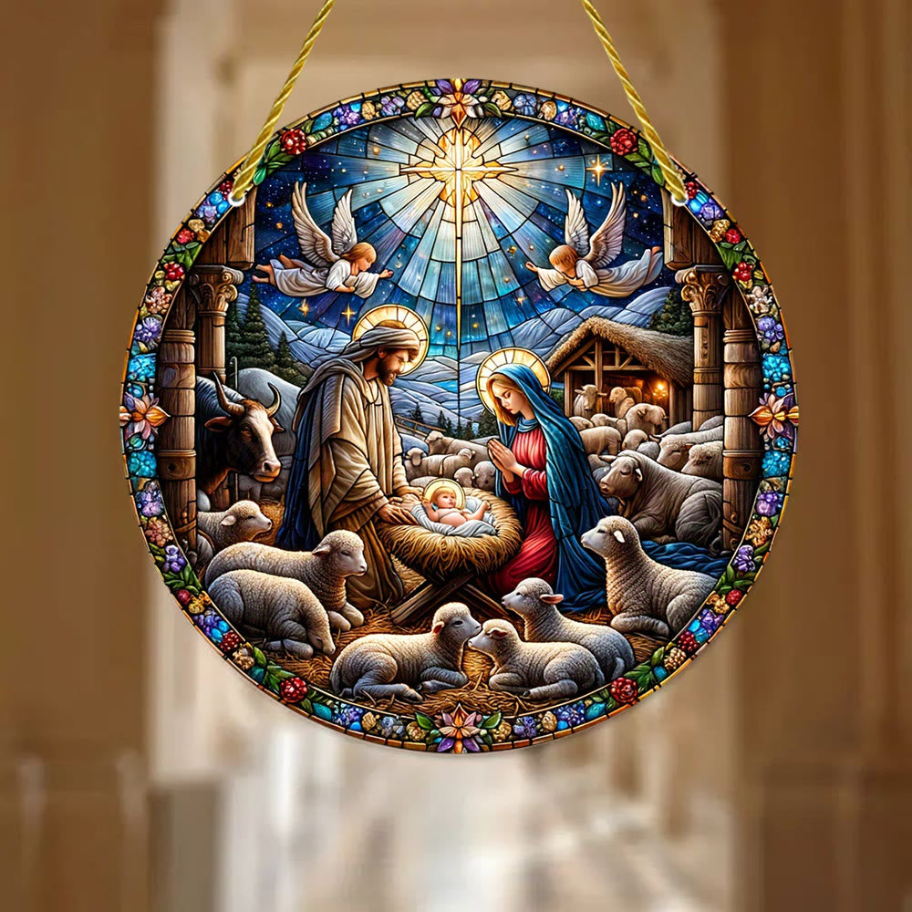 Christianartworkshop Zeitgenössische farbige Weihnachtskrippe mit Schafen, gebeizte Hängeornamente - 7,87''/20 cm - image 0