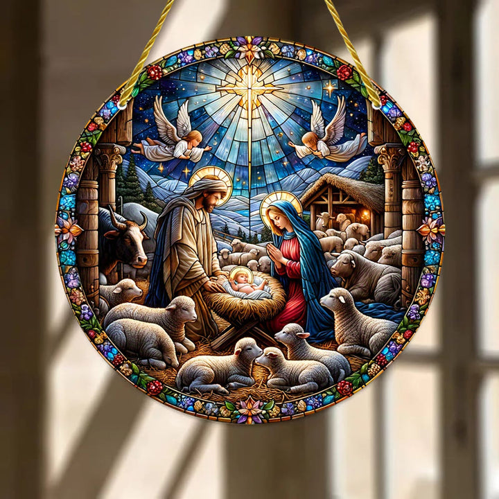 Christianartworkshop Zeitgenössische farbige Weihnachtskrippe mit Schafen, gebeizte Hängeornamente - image 3