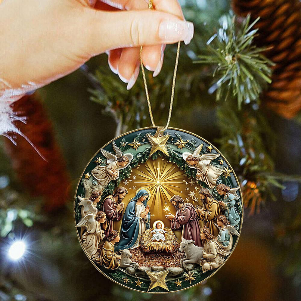 Christianartworkshop Weihnachtsdekoration mit goldenem Stern und Krippenmotiv zum Aufhängen - image 1