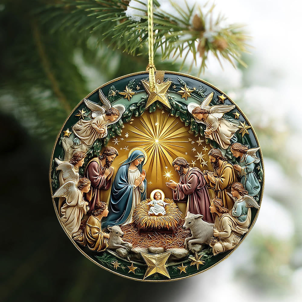 Christianartworkshop Weihnachtsdekoration mit goldenem Stern und Krippenmotiv zum Aufhängen - image 3