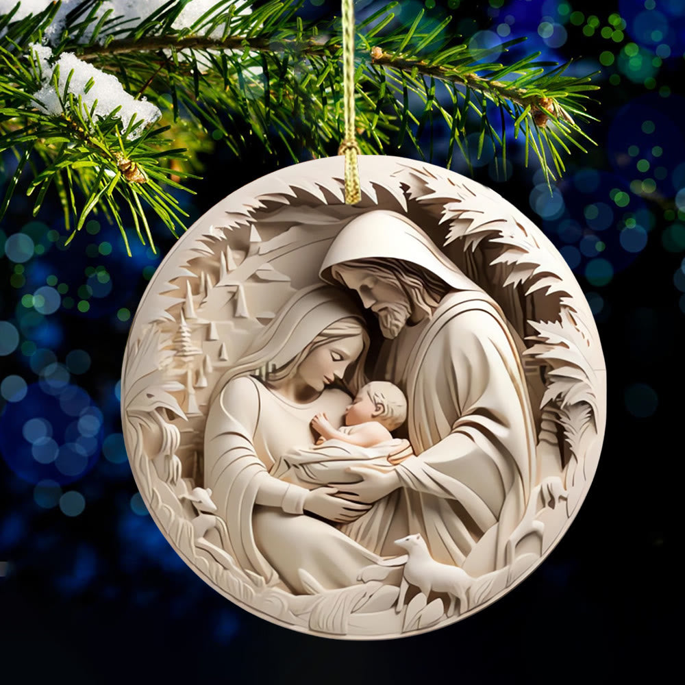 Christianartworkshop Klassische cremefarbene Weihnachtskrippe mit der Heiligen Familie, hängende Ornamente - image 0
